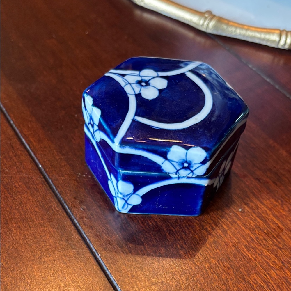 Reed & Barton Navy and White Ceramic Hexagonal Box